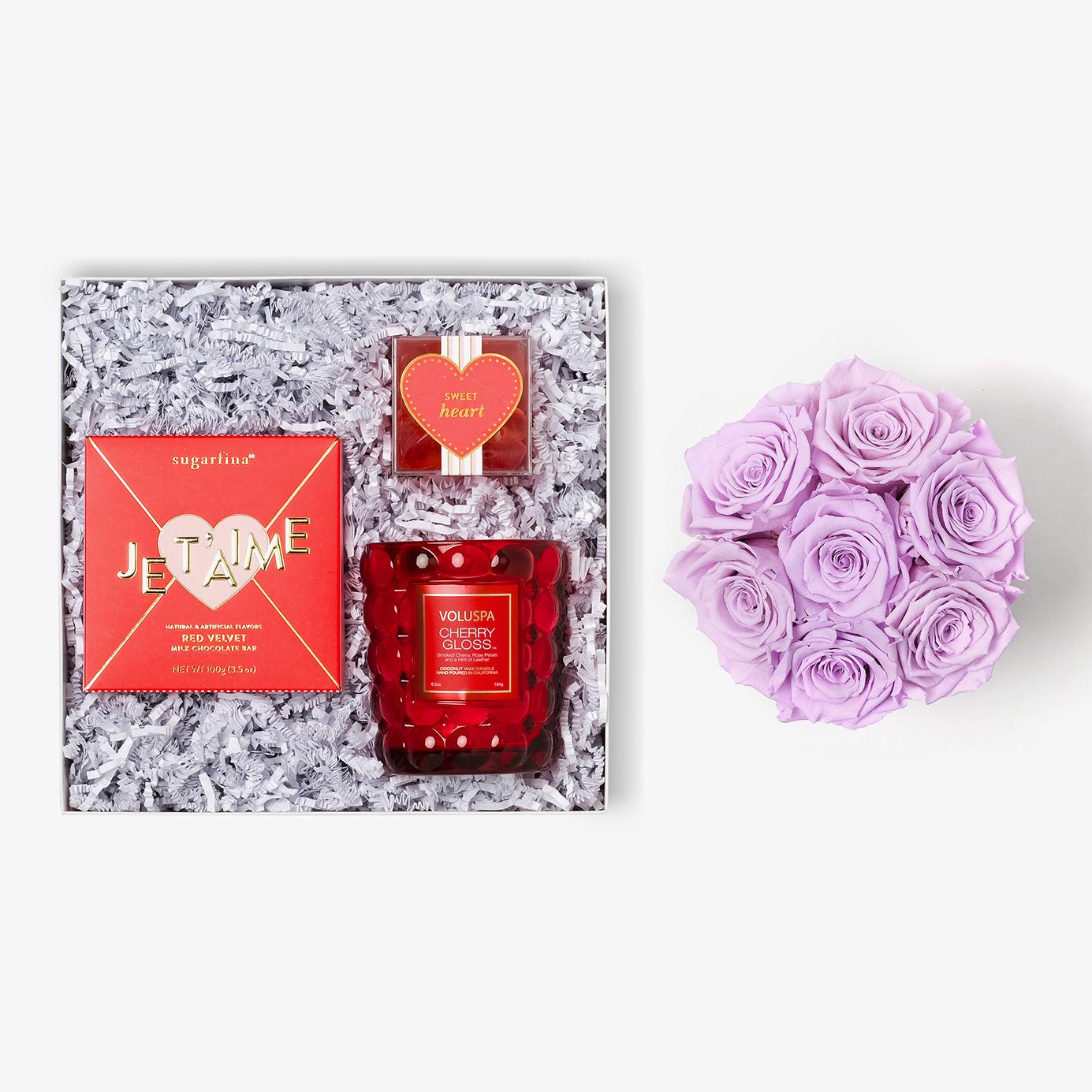 Candle & Treats - Medium Bloom Box - Lavender Rose - Black Box