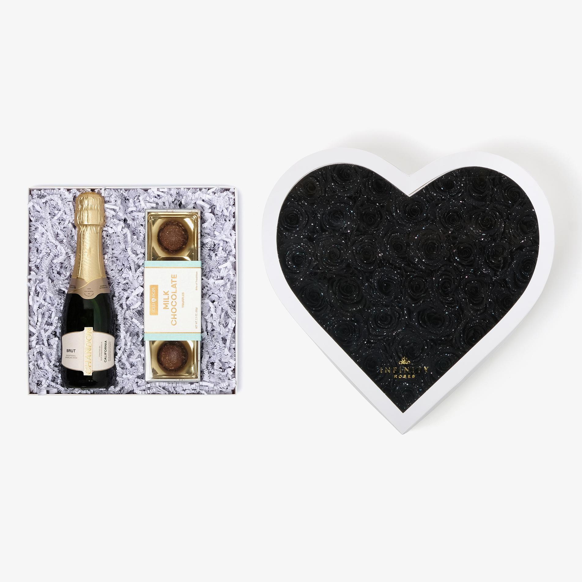 Champagne & Truffles - Grand Heart Box - Black Galaxy Rose - White Box