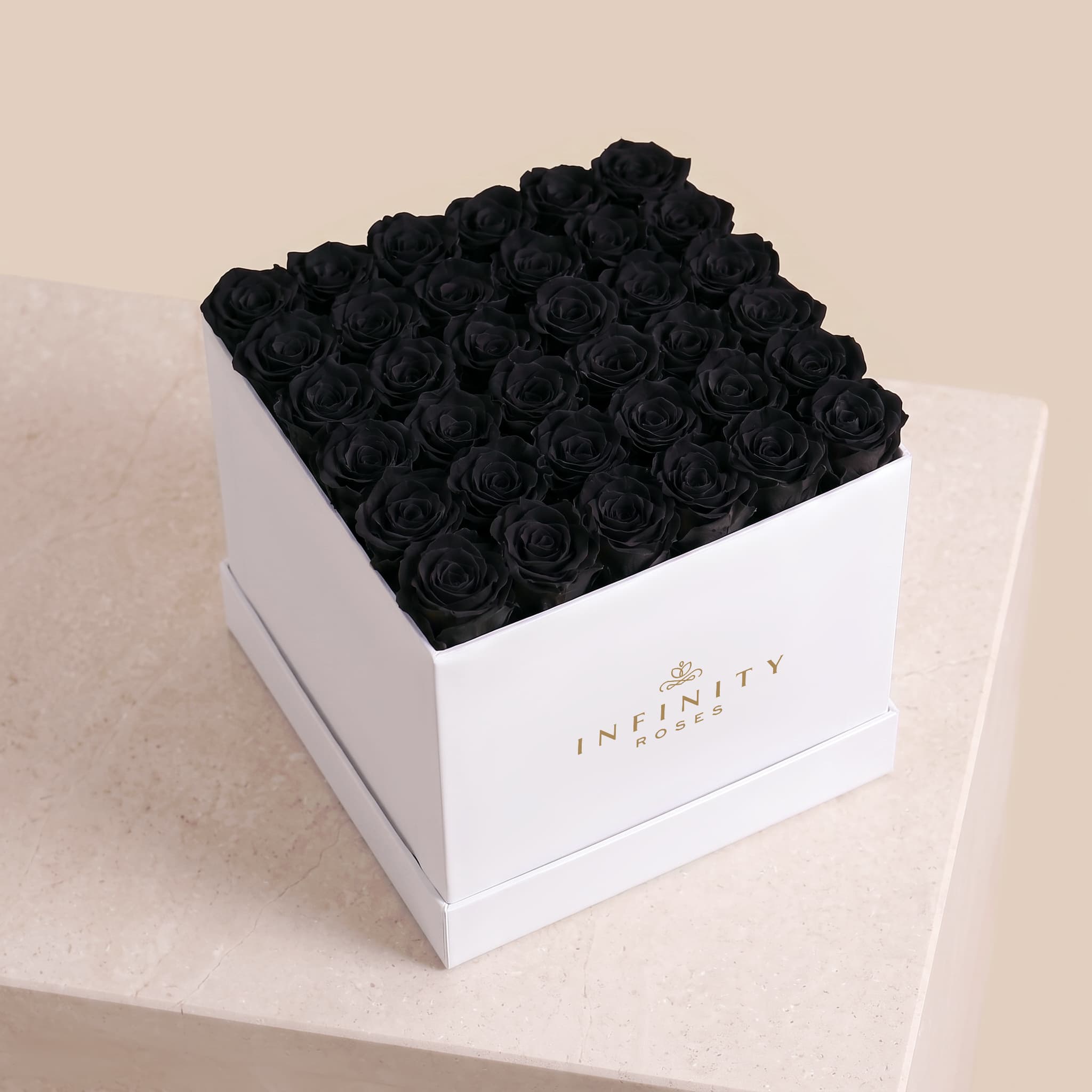 Grand Square Rose Box - Black Rose - White Box