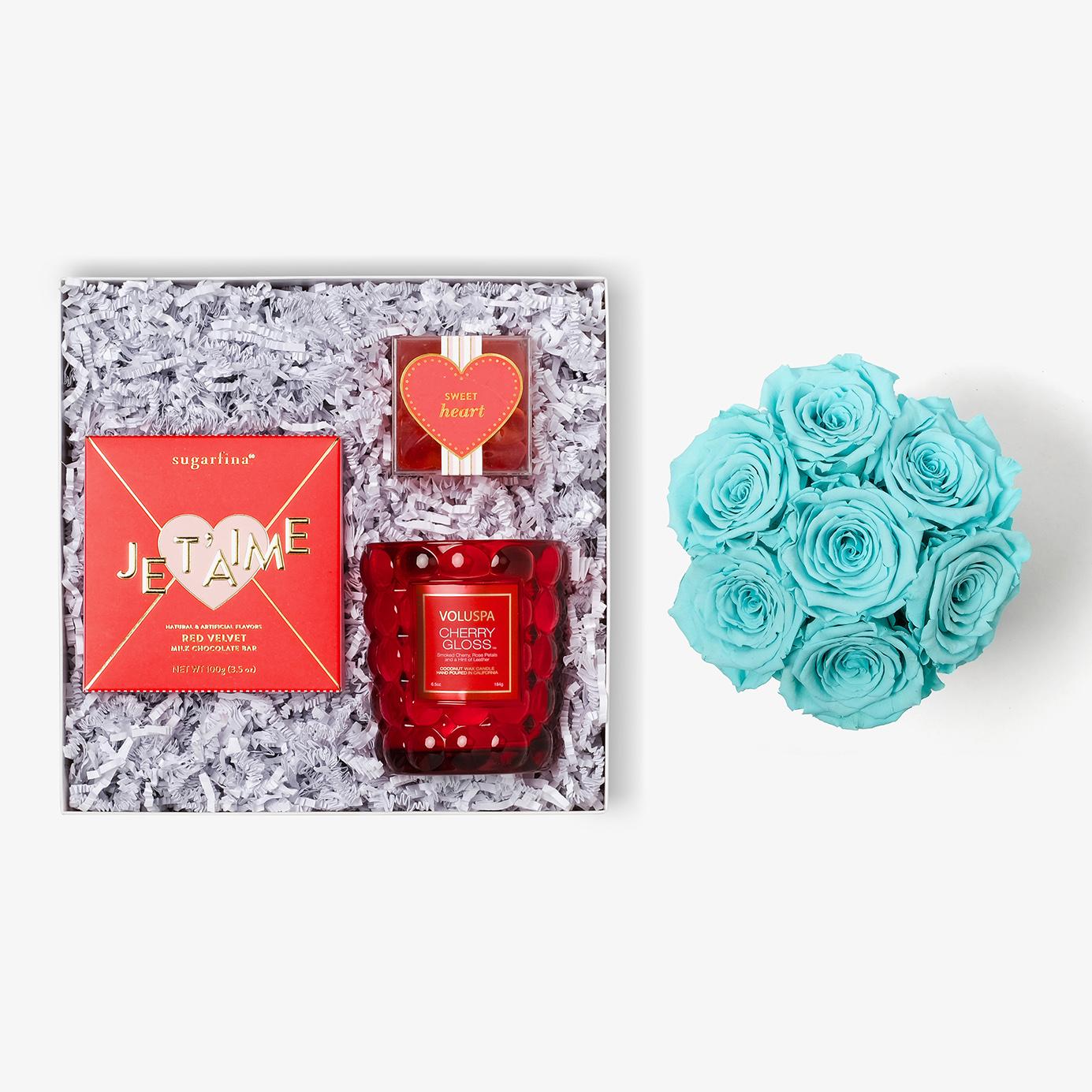 Candle & Treats - Medium Bloom Box - Turquoise Rose - Black Box