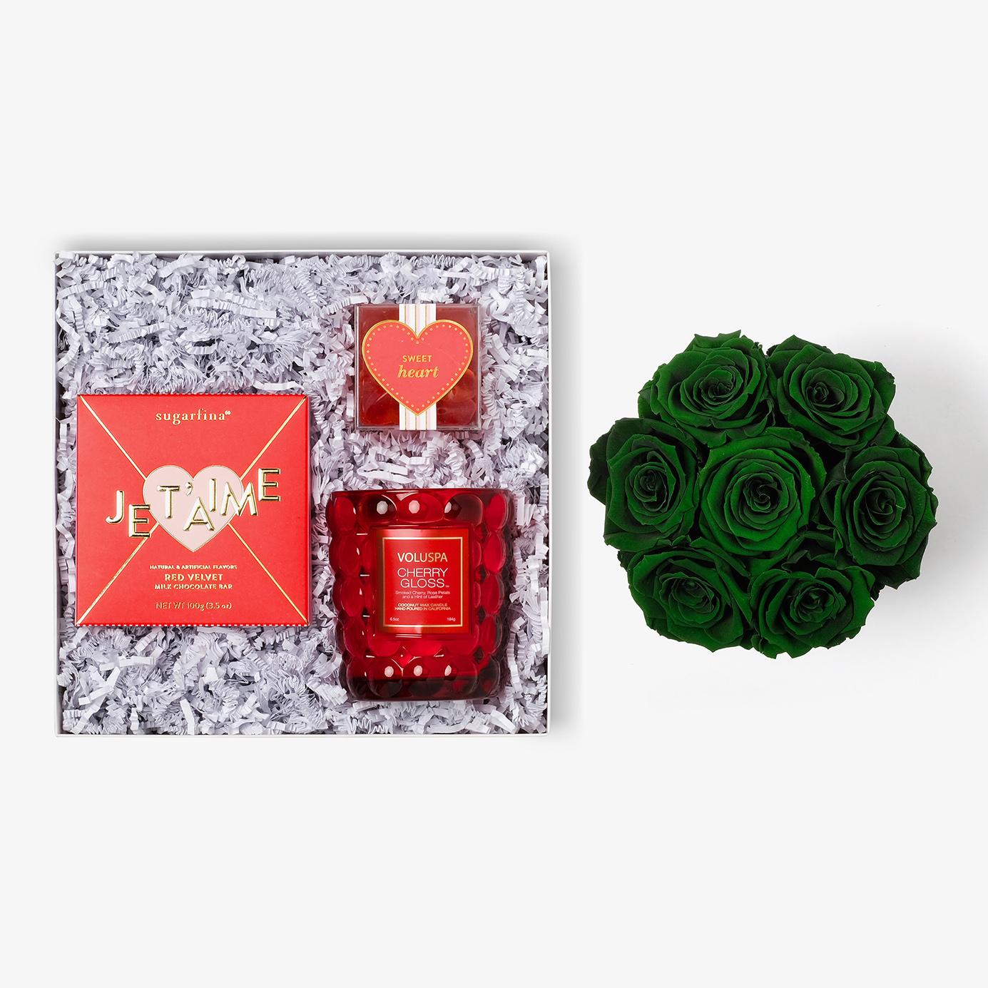 Candle & Treats - Medium Bloom Box - Emerald Green Rose - Black Box