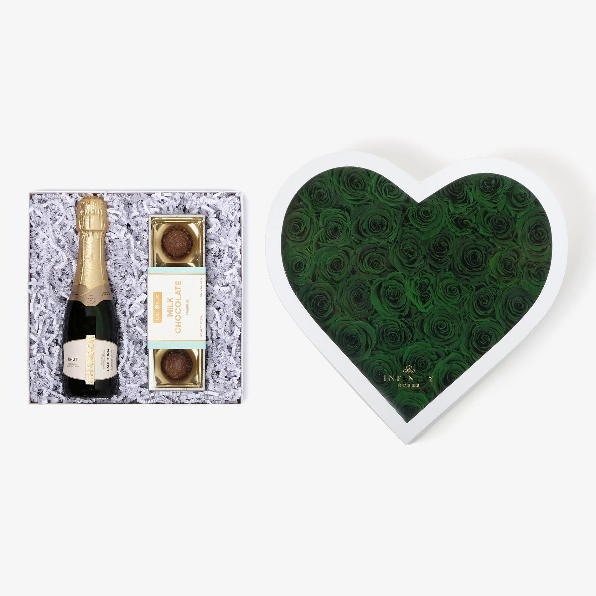 Champagne & Truffles - Grand Heart Box - Emerald Green Rose - White Box