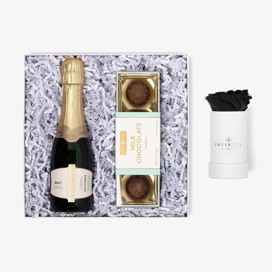 Champagne & Truffles - Single Rose Box - Black Rose - White Box