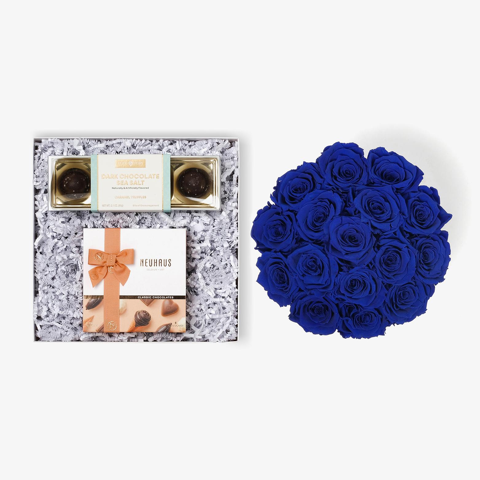 Chocolate Duo Luxe - Large Bloom Box - Royal Blue Rose - Black Box