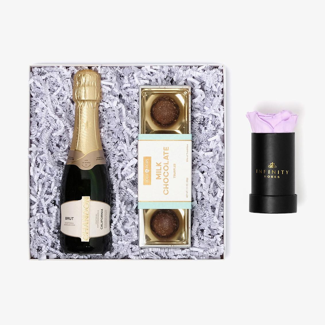 Champagne & Truffles - Single Rose Box - Lavender Rose - Black Box