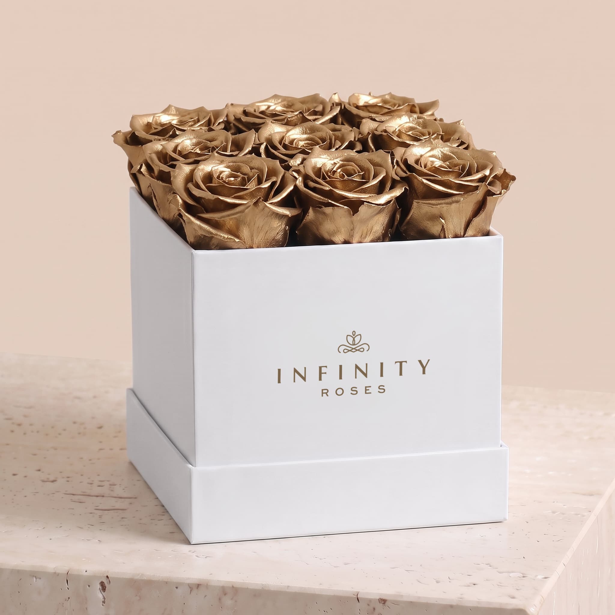Medium Square Rose Box - Gold Rose - White Box