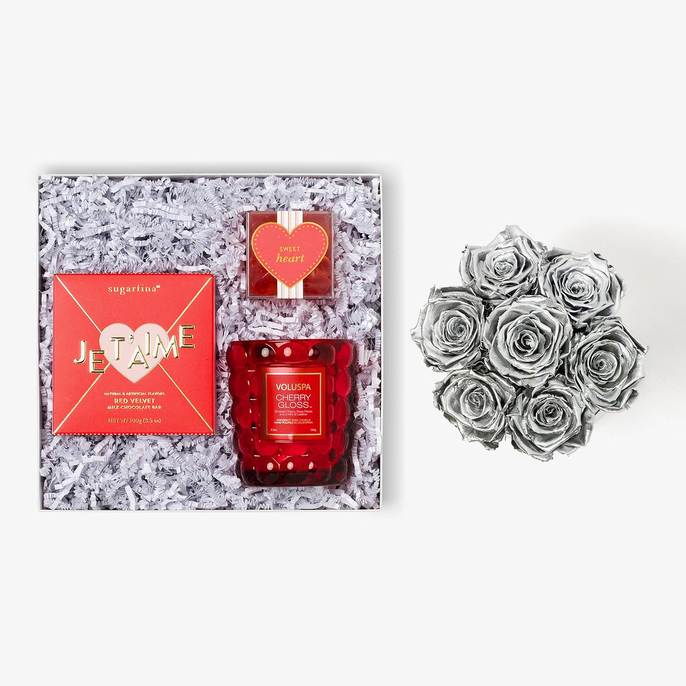 Candle & Treats - Medium Bloom Box - Silver Rose - Black Box