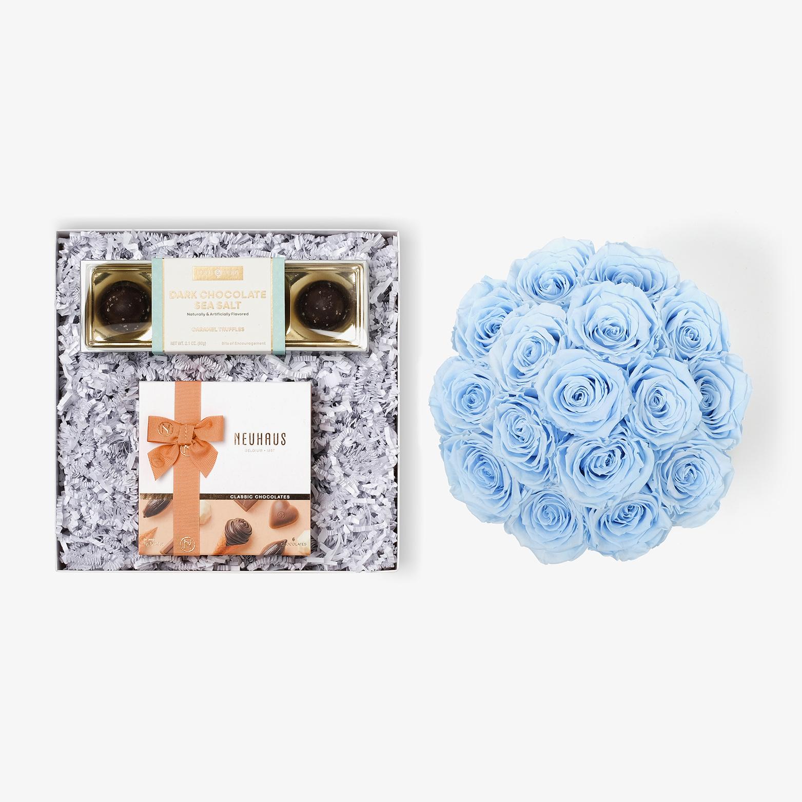 Chocolate Duo Luxe - Large Bloom Box - Baby Blue Rose - Black Box