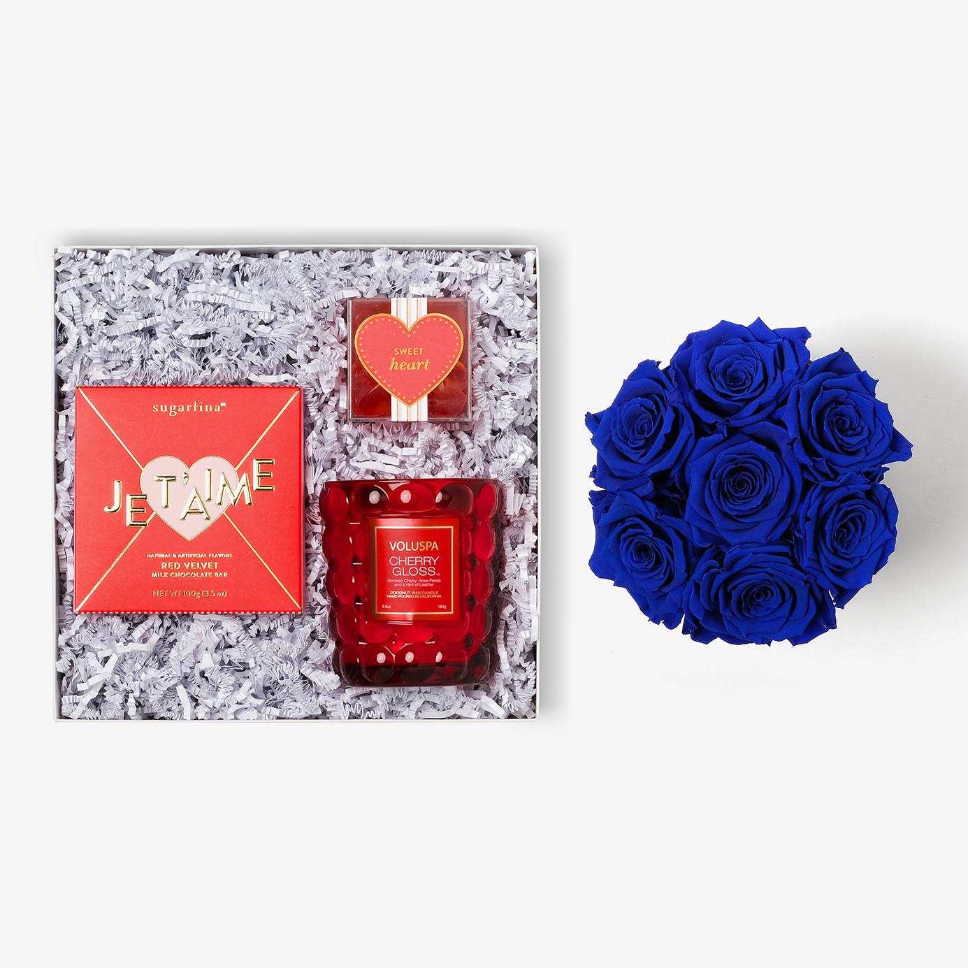 Candle & Treats - Medium Bloom Box - Royal Blue Rose - Black Box
