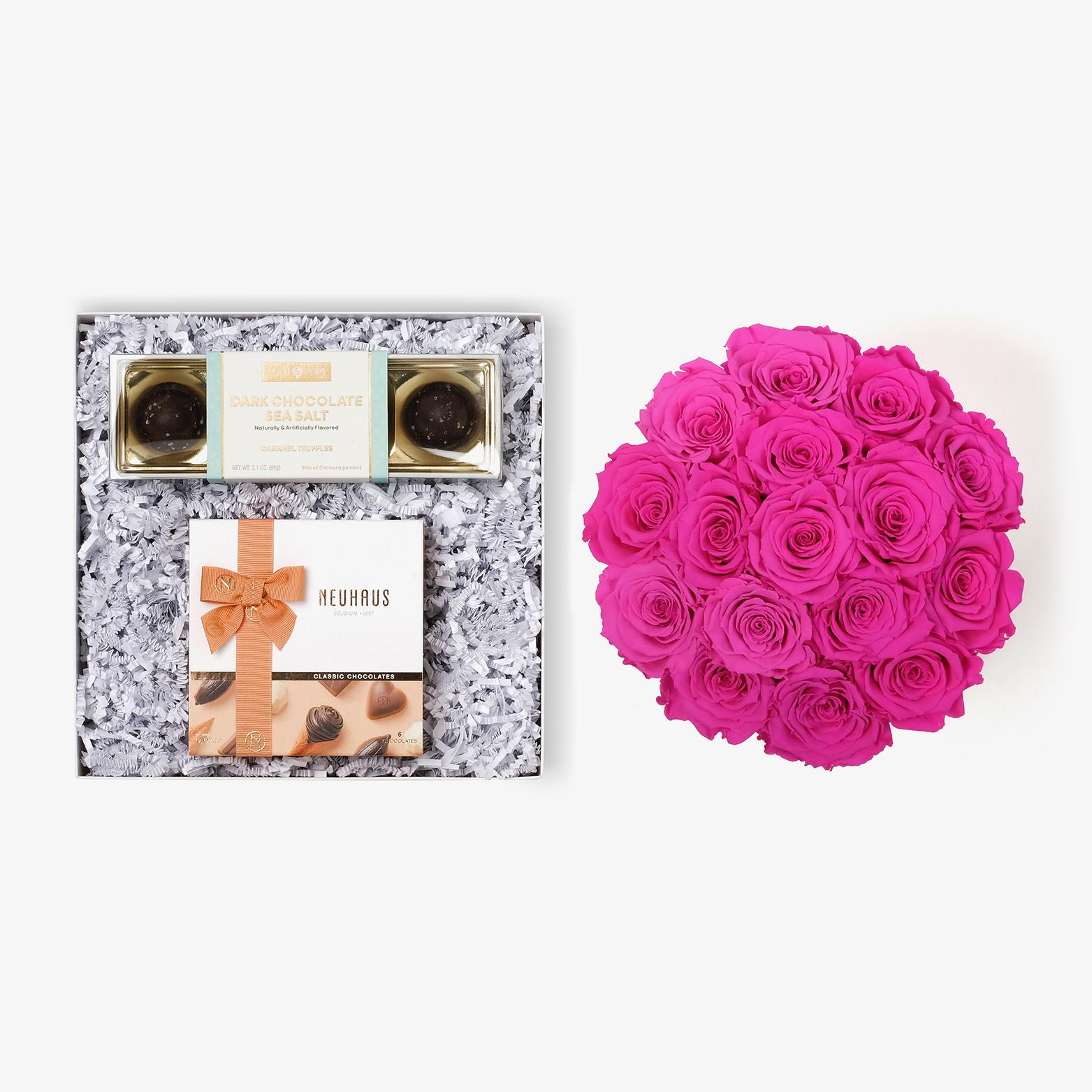 Chocolate Duo Luxe - Large Bloom Box - Hot Pink Rose - White Box
