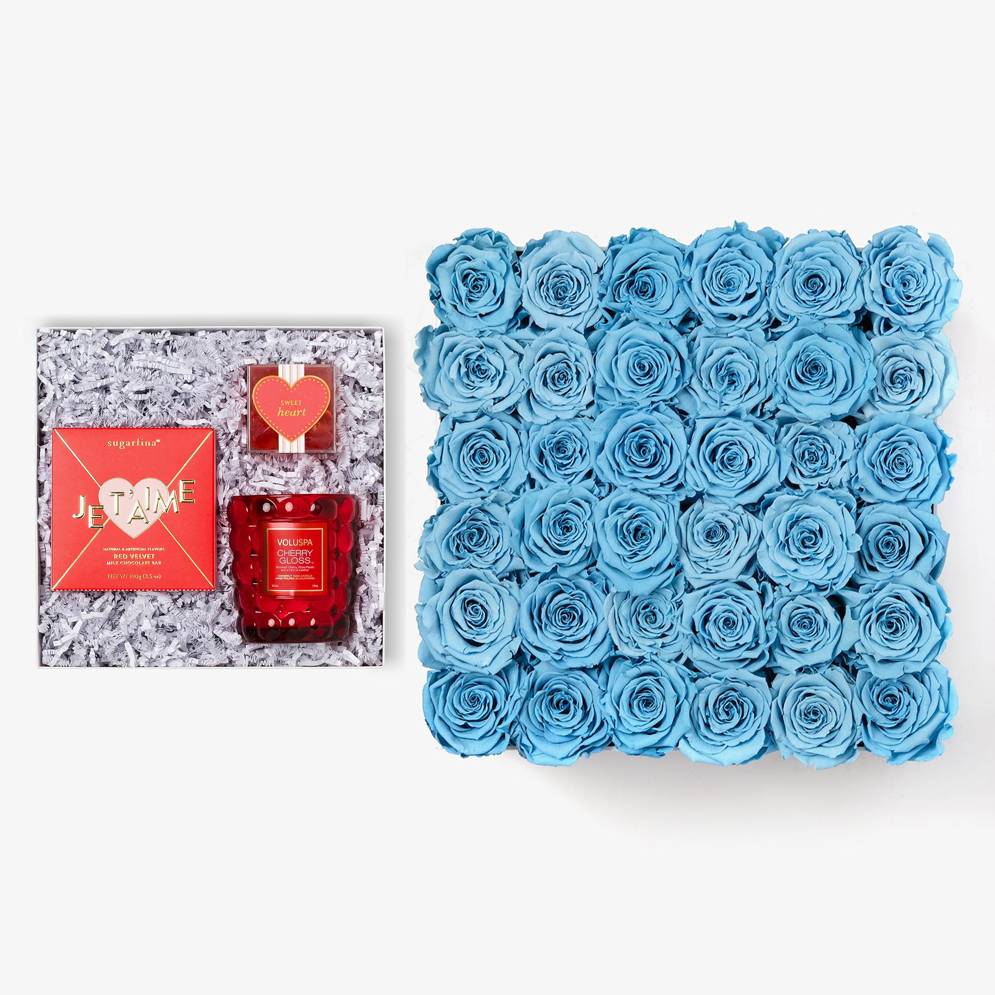 Candle & Treats - Grand Square Box - Baby Blue Rose - Black Box