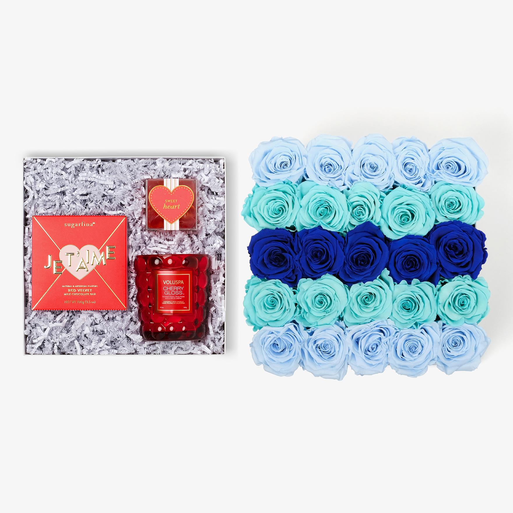 Candle & Treats - X-Large Square Box - Blue Ombre Rose - Black Box
