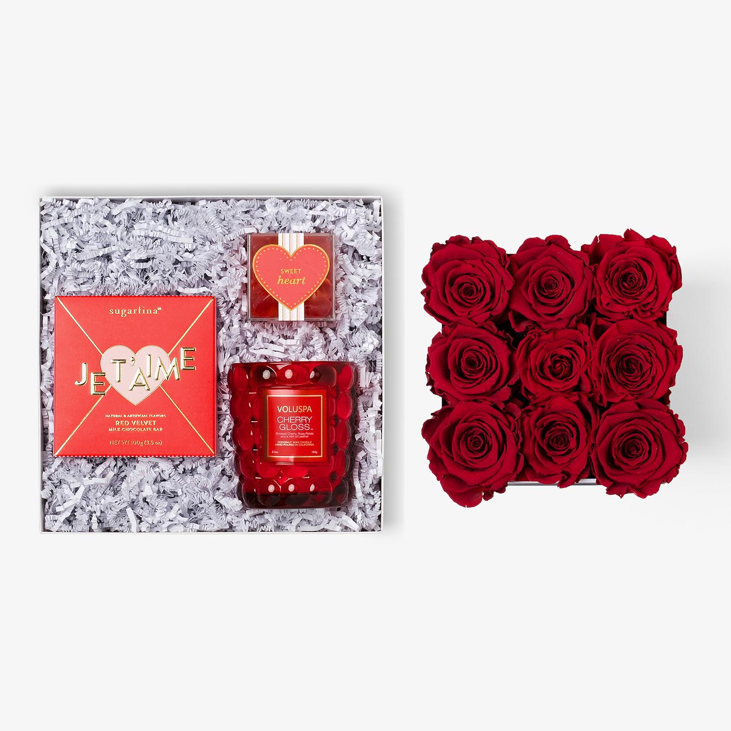 Candle & Treats - Medium Square Box - Red Rose - White Box