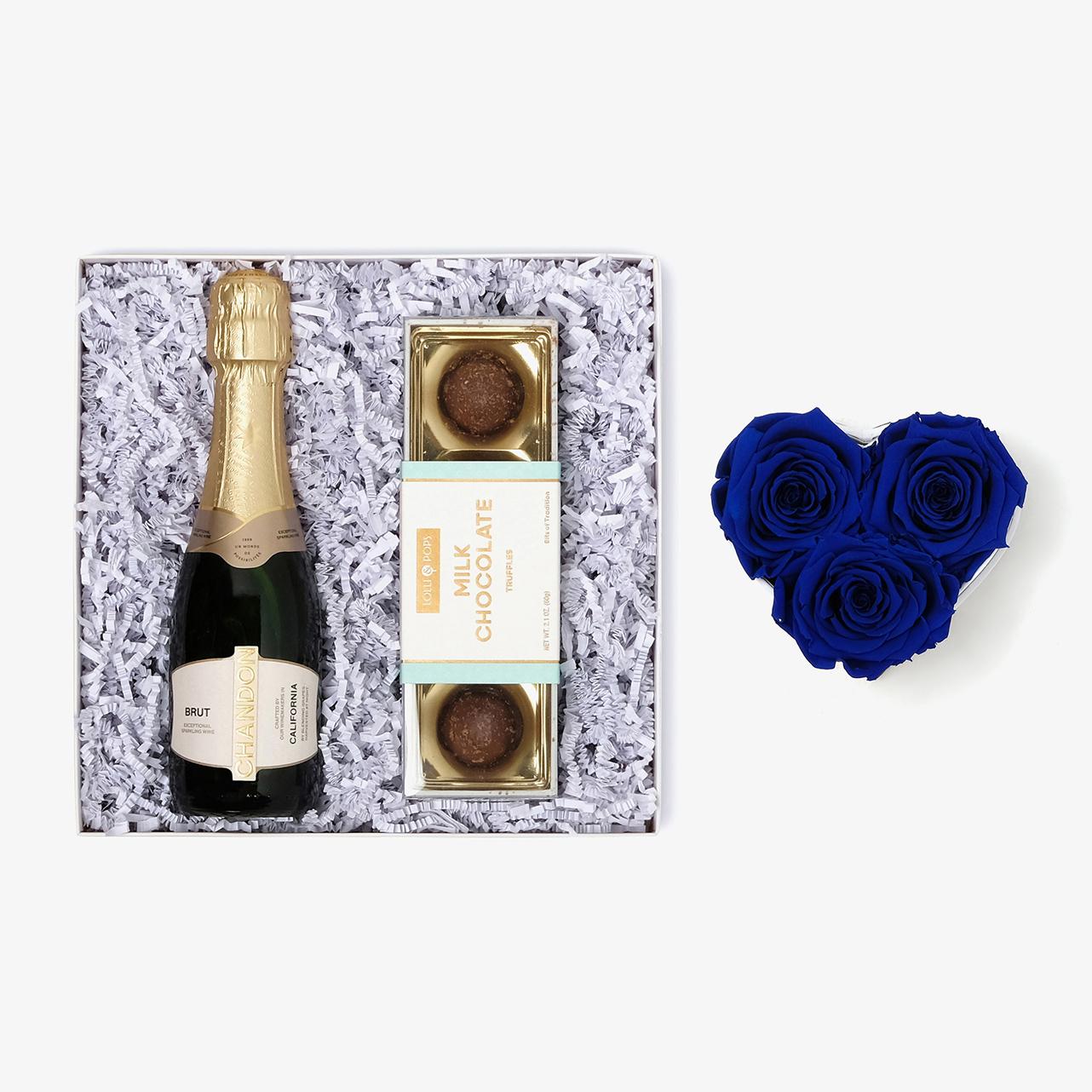 Champagne & Truffles - Small Heart Box - Royal Blue Rose - White Box