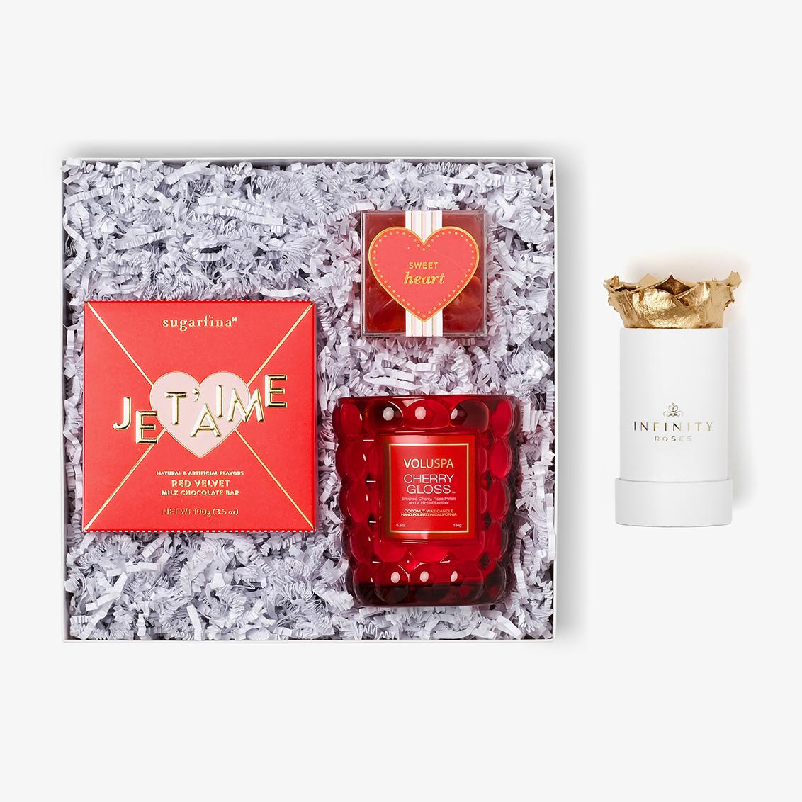 Candle & Treats - Single Rose Box - Gold Rose - White Box