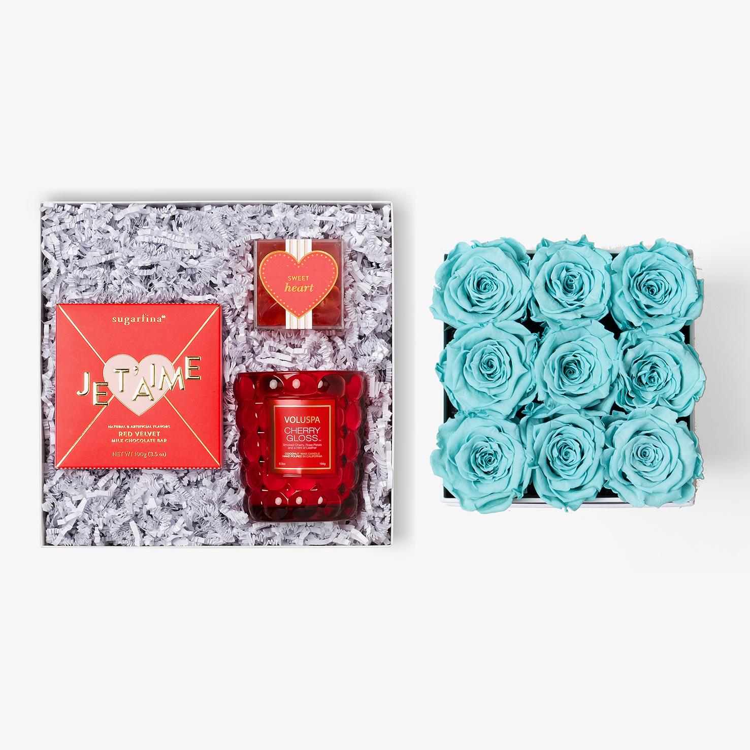 Candle & Treats - Medium Square Box - Turquoise Rose - White Box