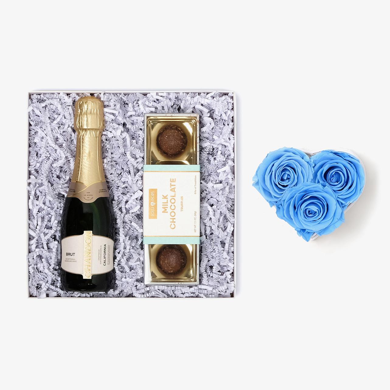 Champagne & Truffles - Small Heart Box - Baby Blue Rose - White Box