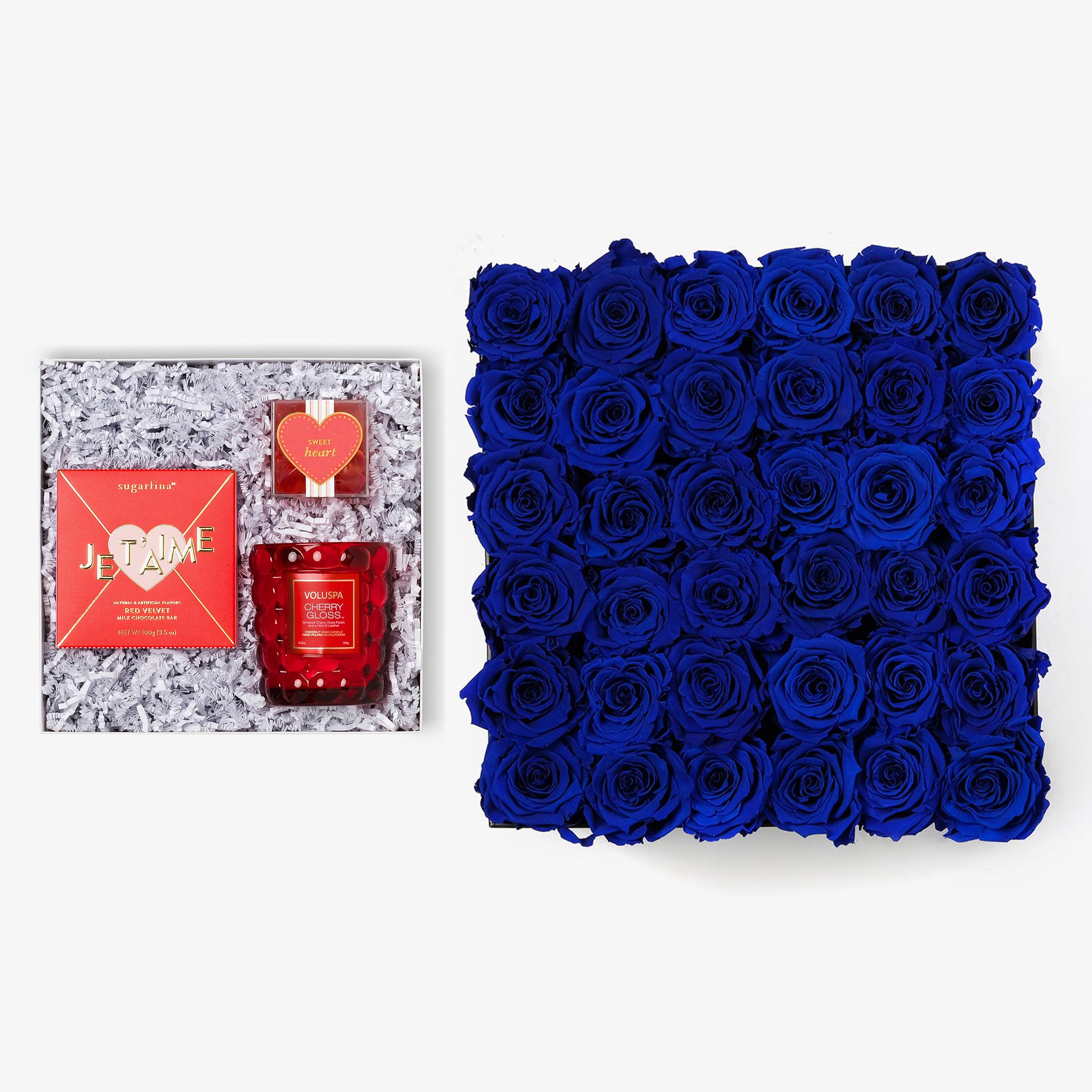 Candle & Treats - Grand Square Box - Royal Blue Rose - Black Box