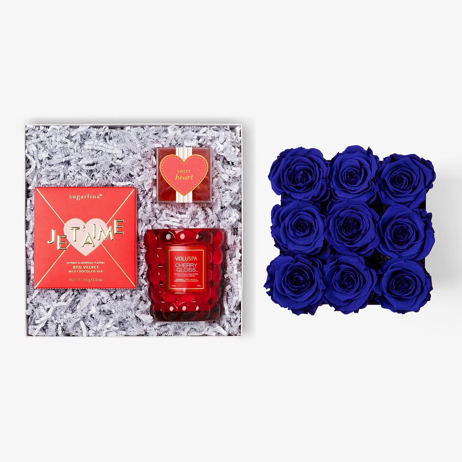 Candle & Treats - Medium Square Box - Royal Blue Rose - White Box