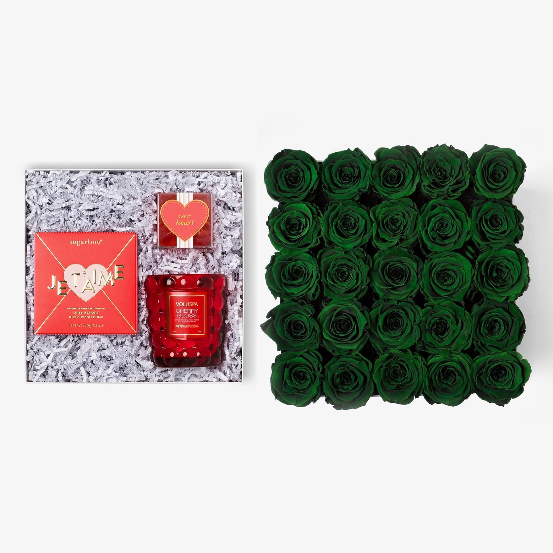 Candle & Treats - X-Large Square Box - Emerald Green Rose - Black Box