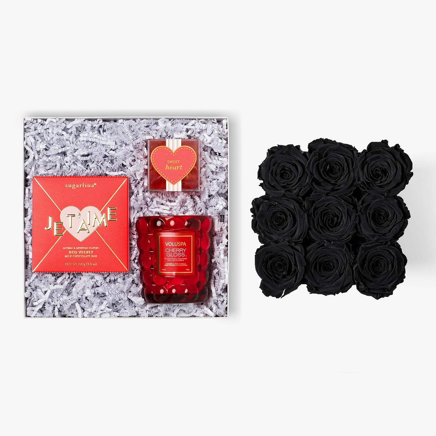 Candle & Treats - Medium Square Box - Black Rose - White Box
