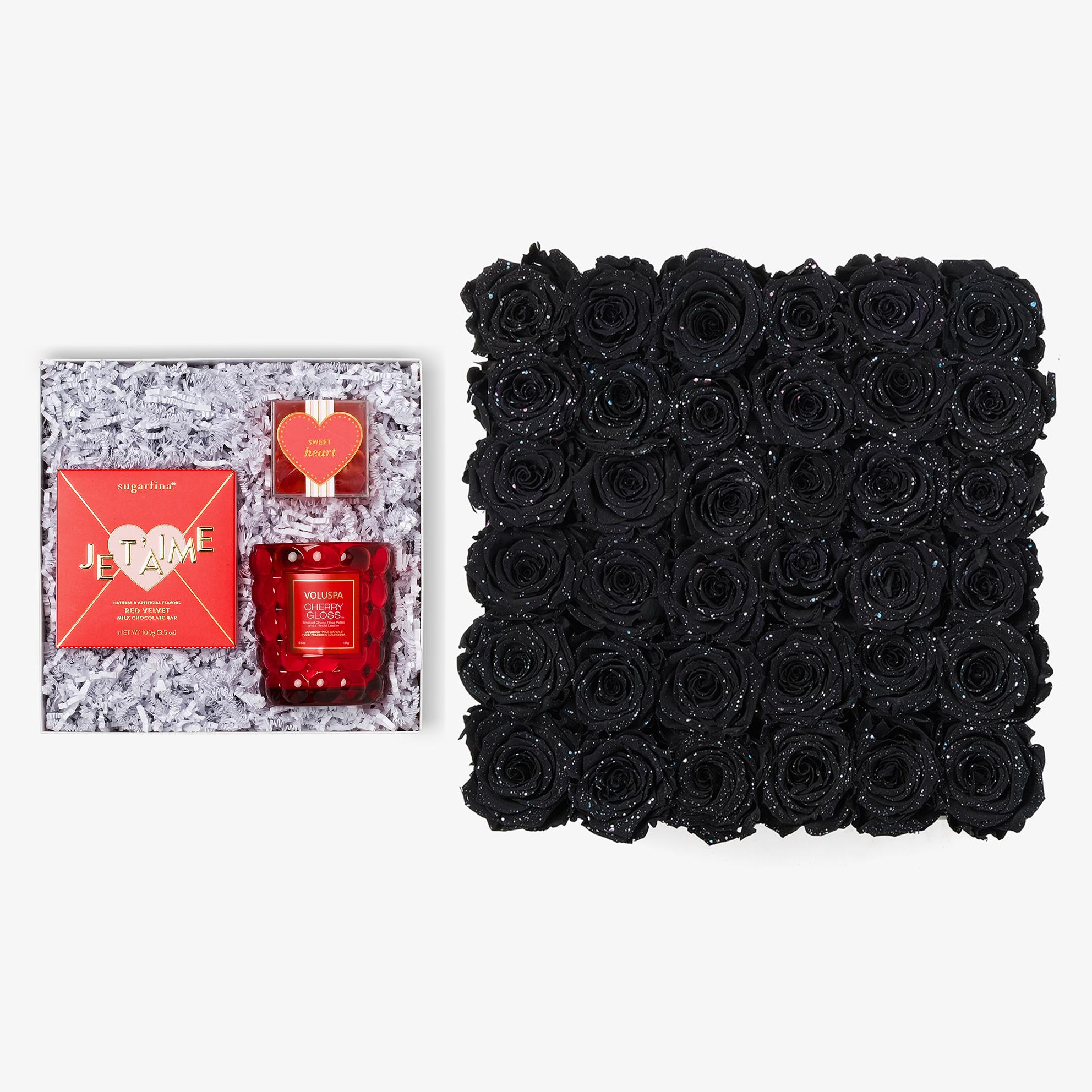 Candle & Treats - Grand Square Box - Black Galaxy Rose - Black Box
