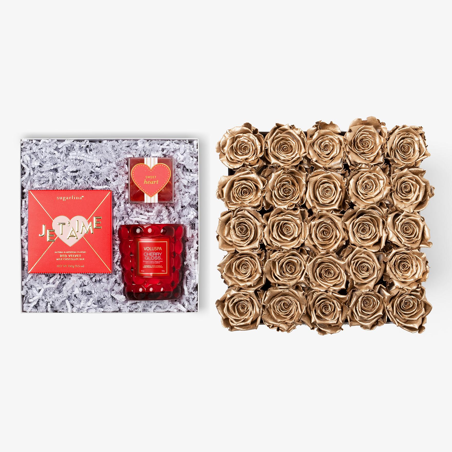 Candle & Treats - X-Large Square Box - Gold Rose - White Box