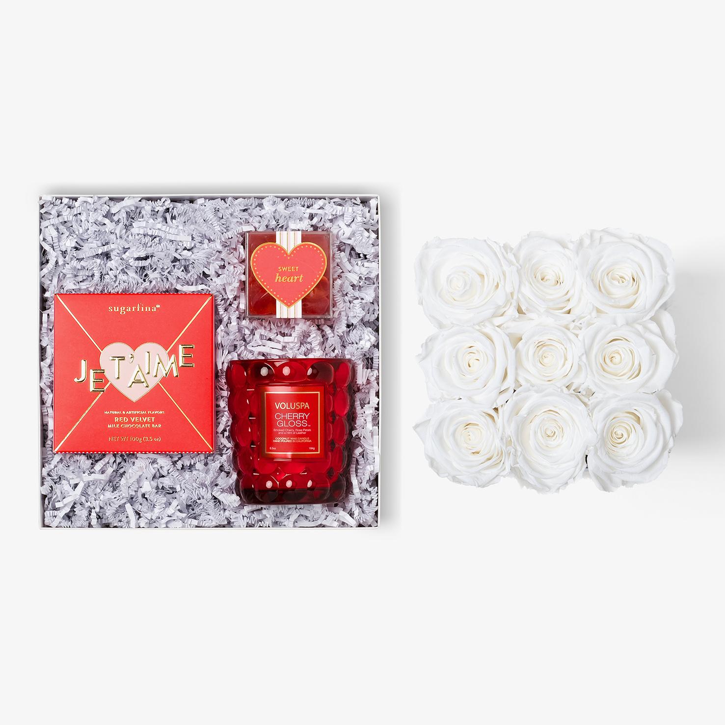 Candle & Treats - Medium Square Box - White Rose - Black Box