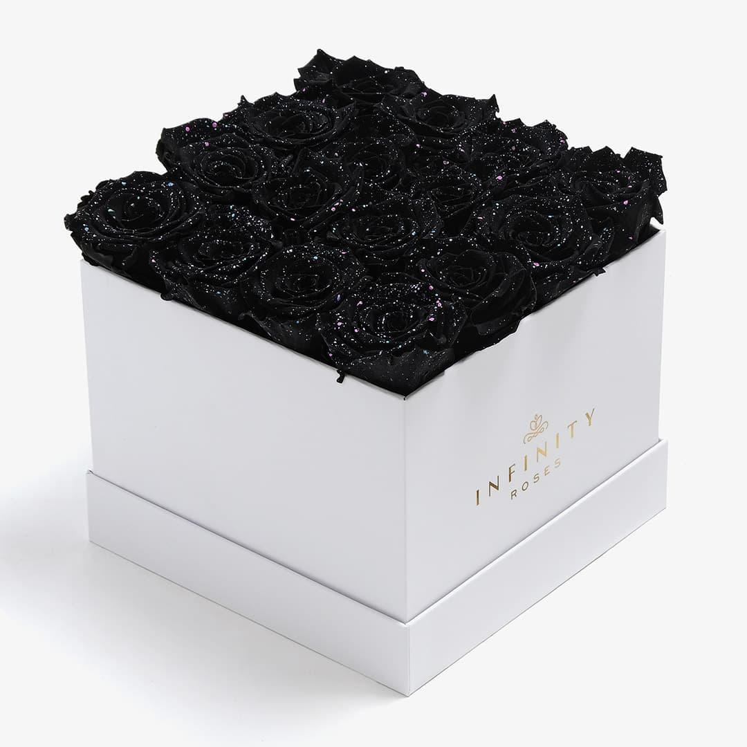 Large Square Rose Box - Black Galaxy Rose - White Box