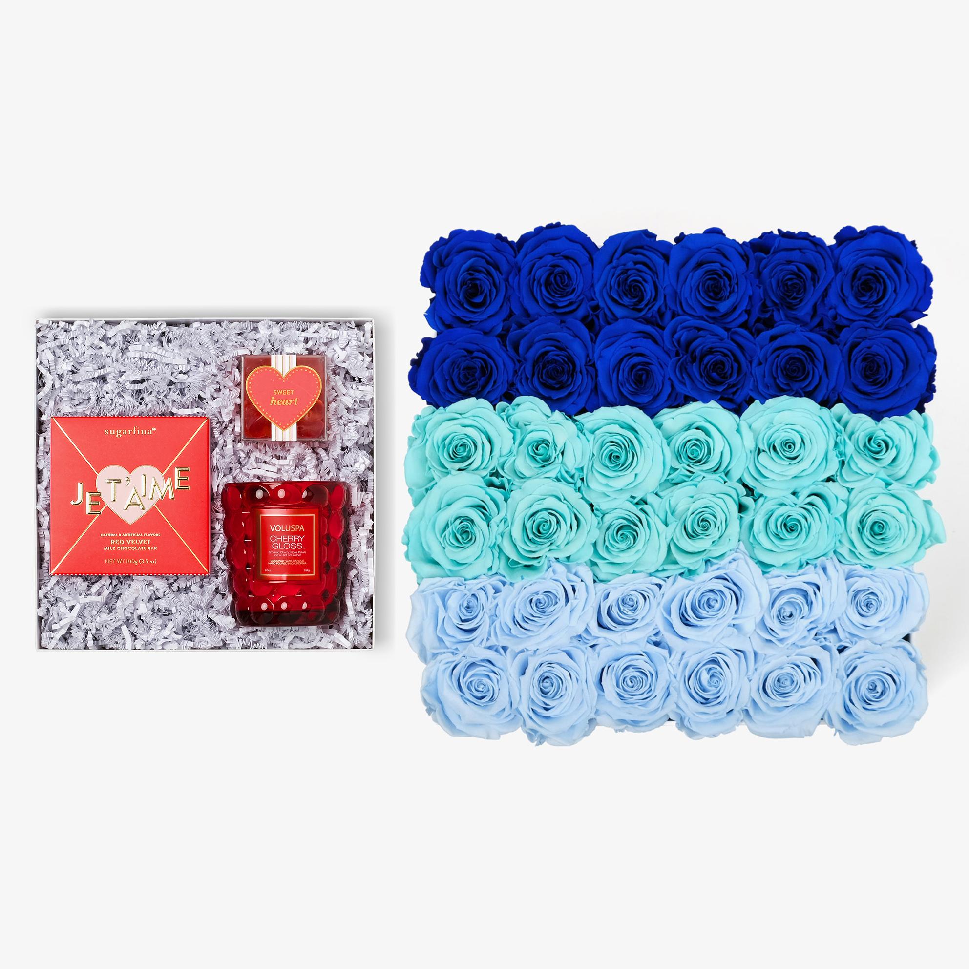 Candle & Treats - Grand Square Box - Blue Ombre Rose - Black Box