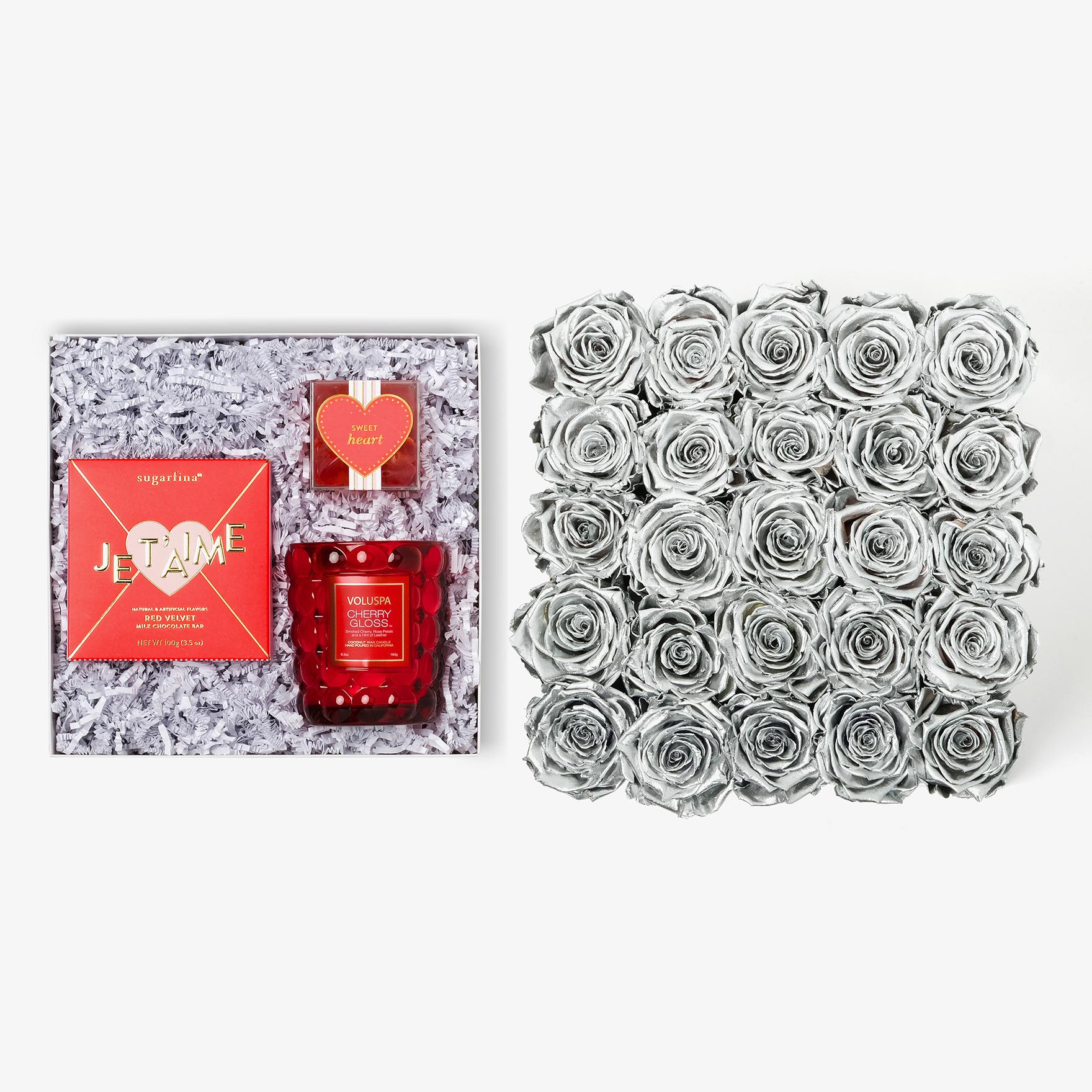 Candle & Treats - X-Large Square Box - Silver Rose - White Box