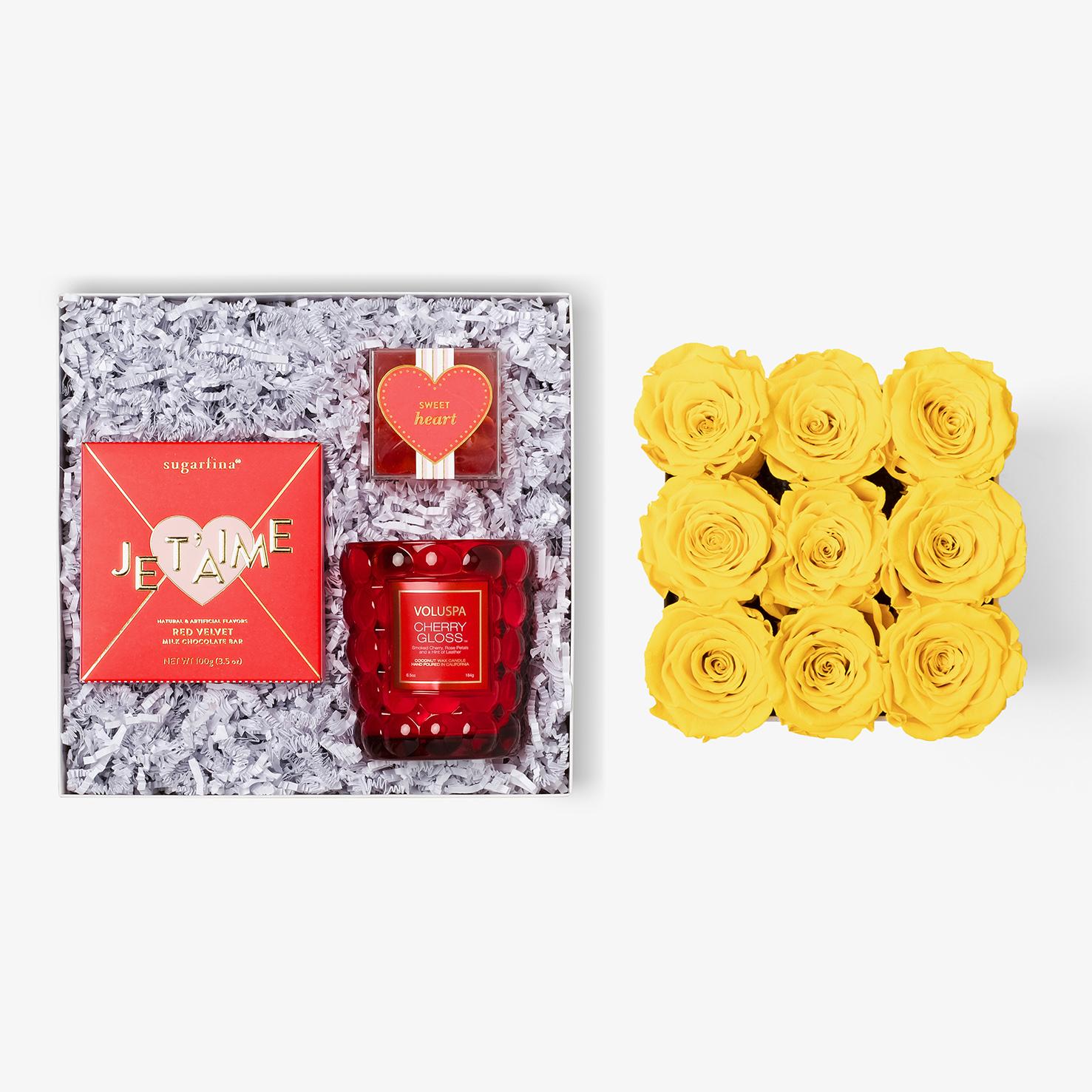 Candle & Treats - Medium Square Box - Yellow Rose - Black Box