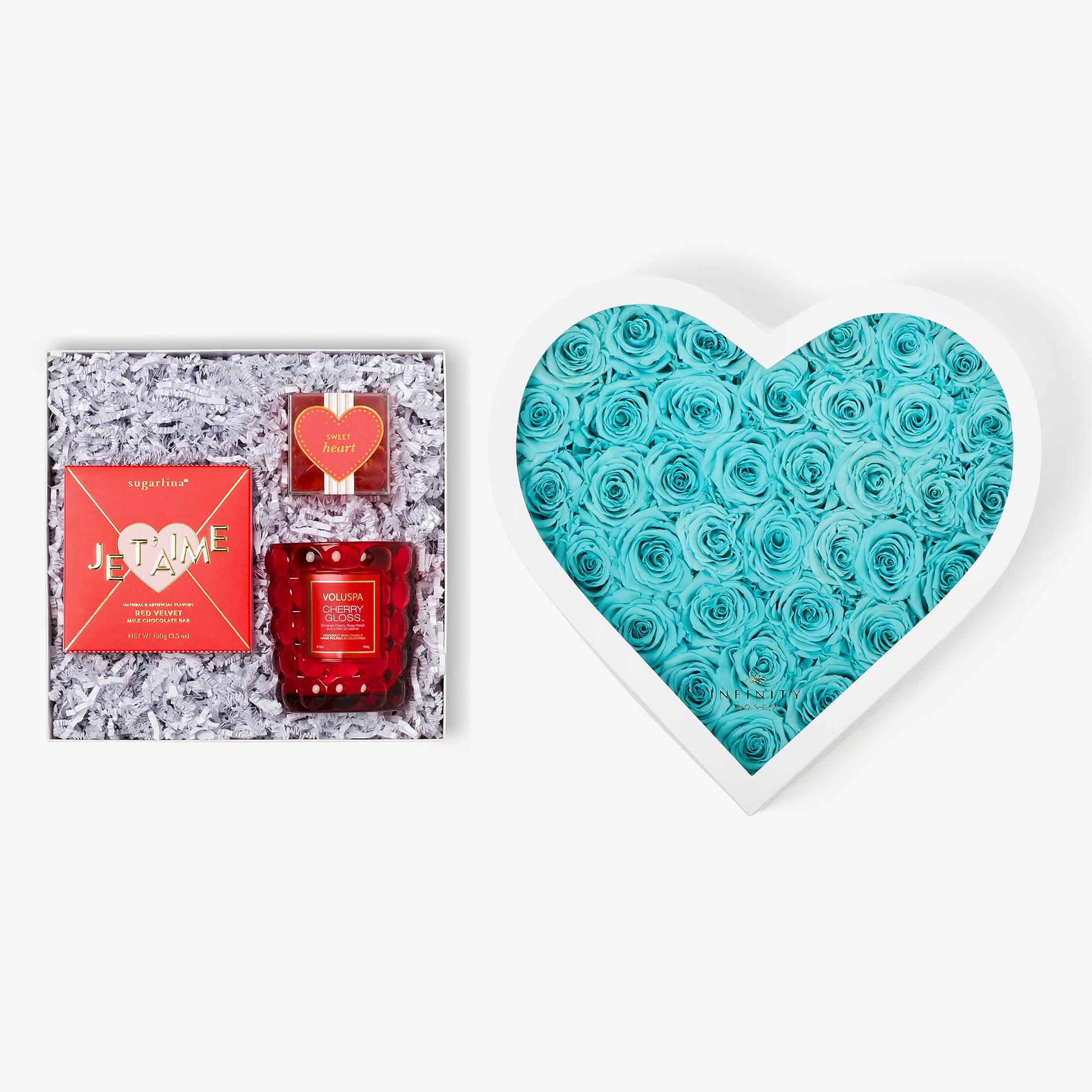 Candle & Treats - Grand Heart Box - Turquoise Rose - White Box