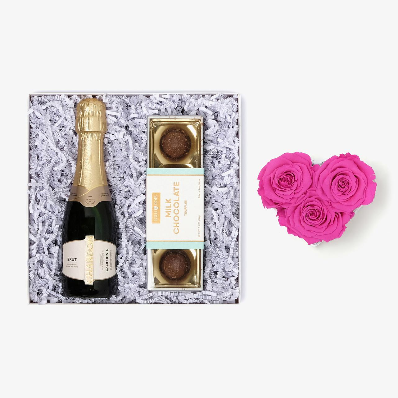 Champagne & Truffles - Small Heart Box - Hot Pink Rose - White Box