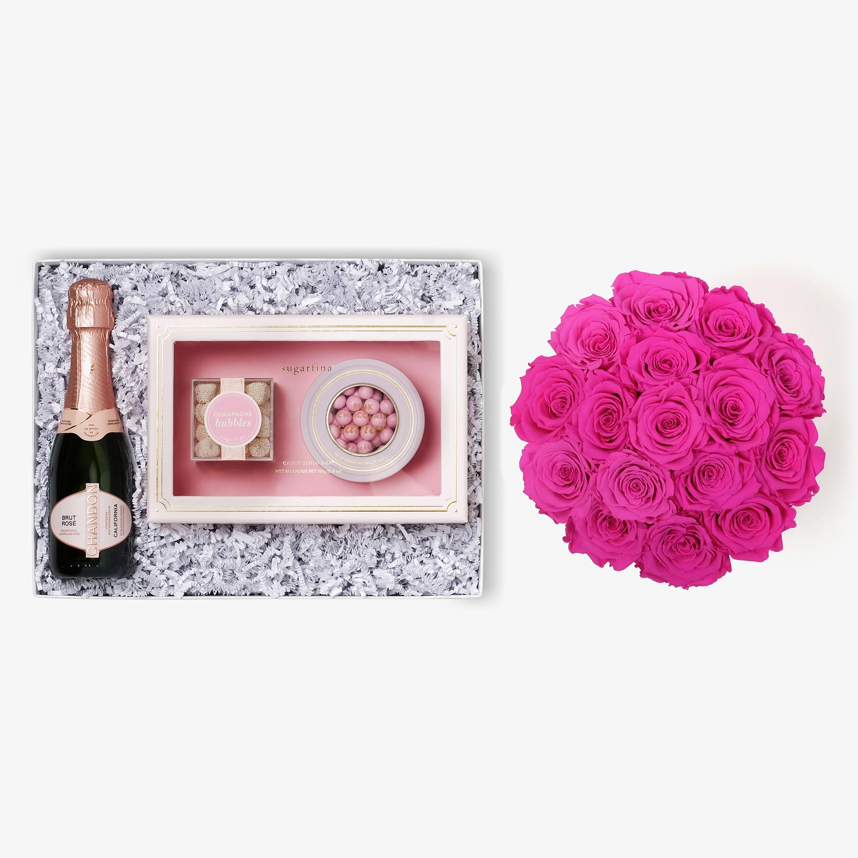Rosé & Caviar - Large Bloom Box - Hot Pink Rose - Black Box