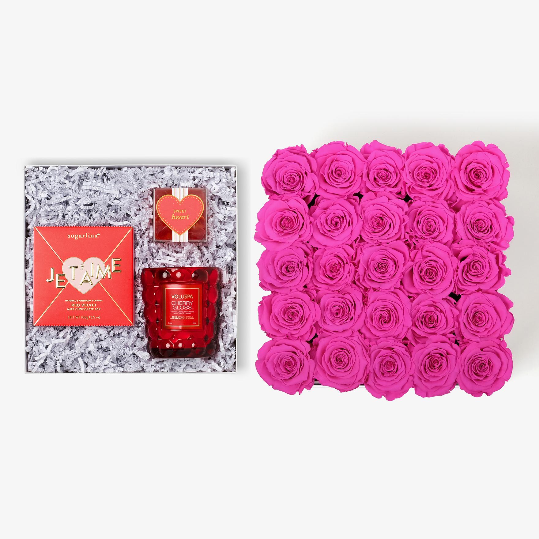 Candle & Treats - X-Large Square Box - Hot Pink Rose - White Box