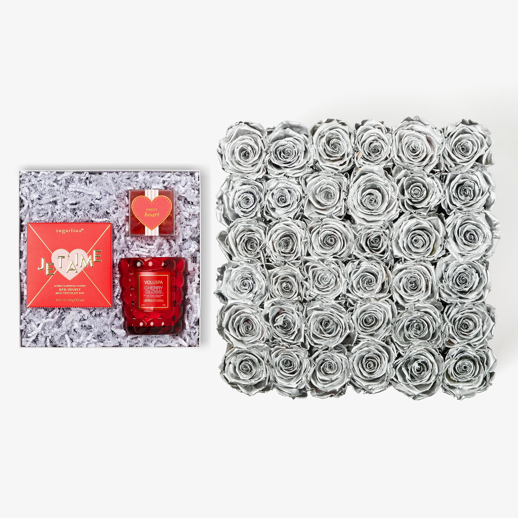 Candle & Treats - Grand Square Box - Silver Rose - Black Box