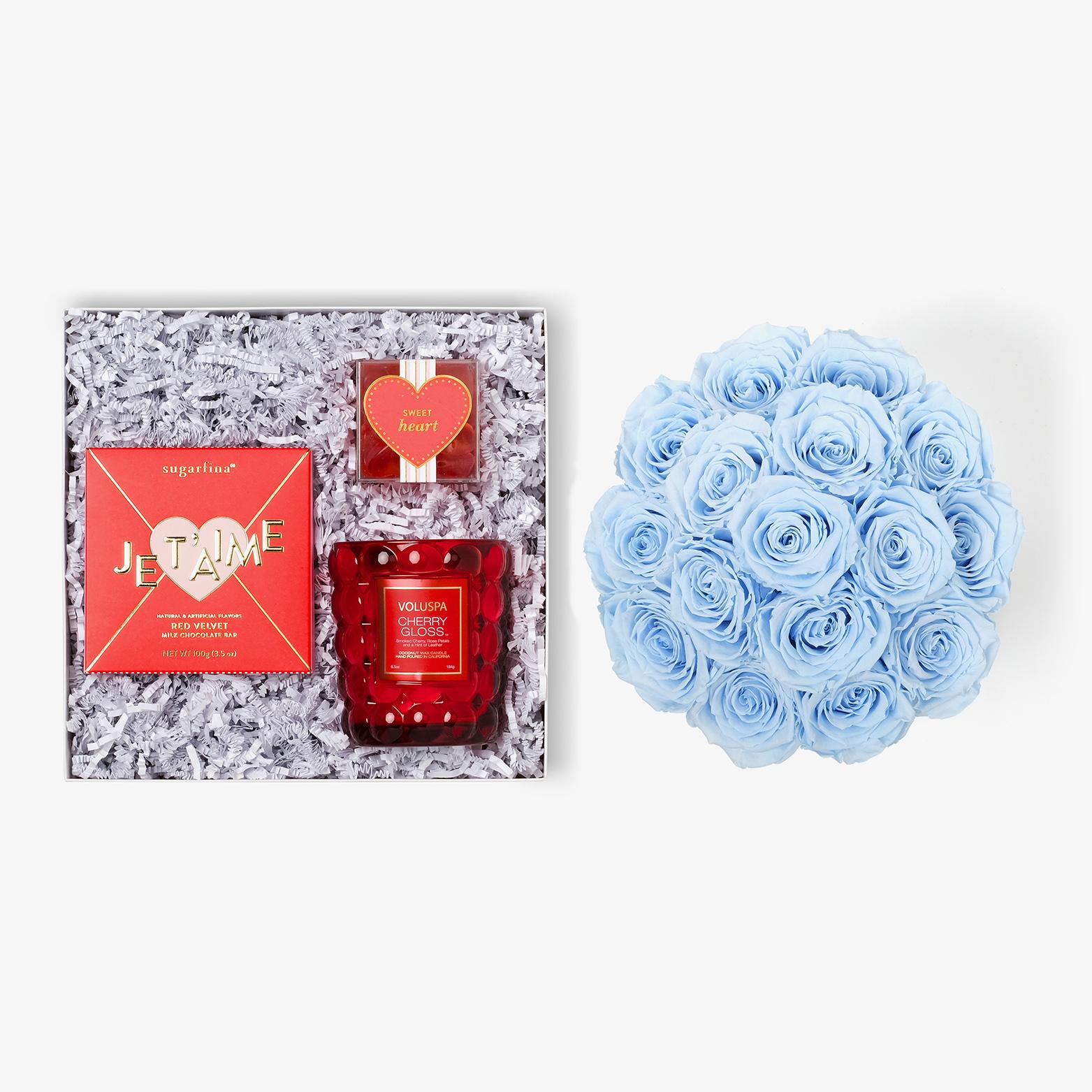 Candle & Treats - Large Bloom Box - Baby Blue Rose - Black Box