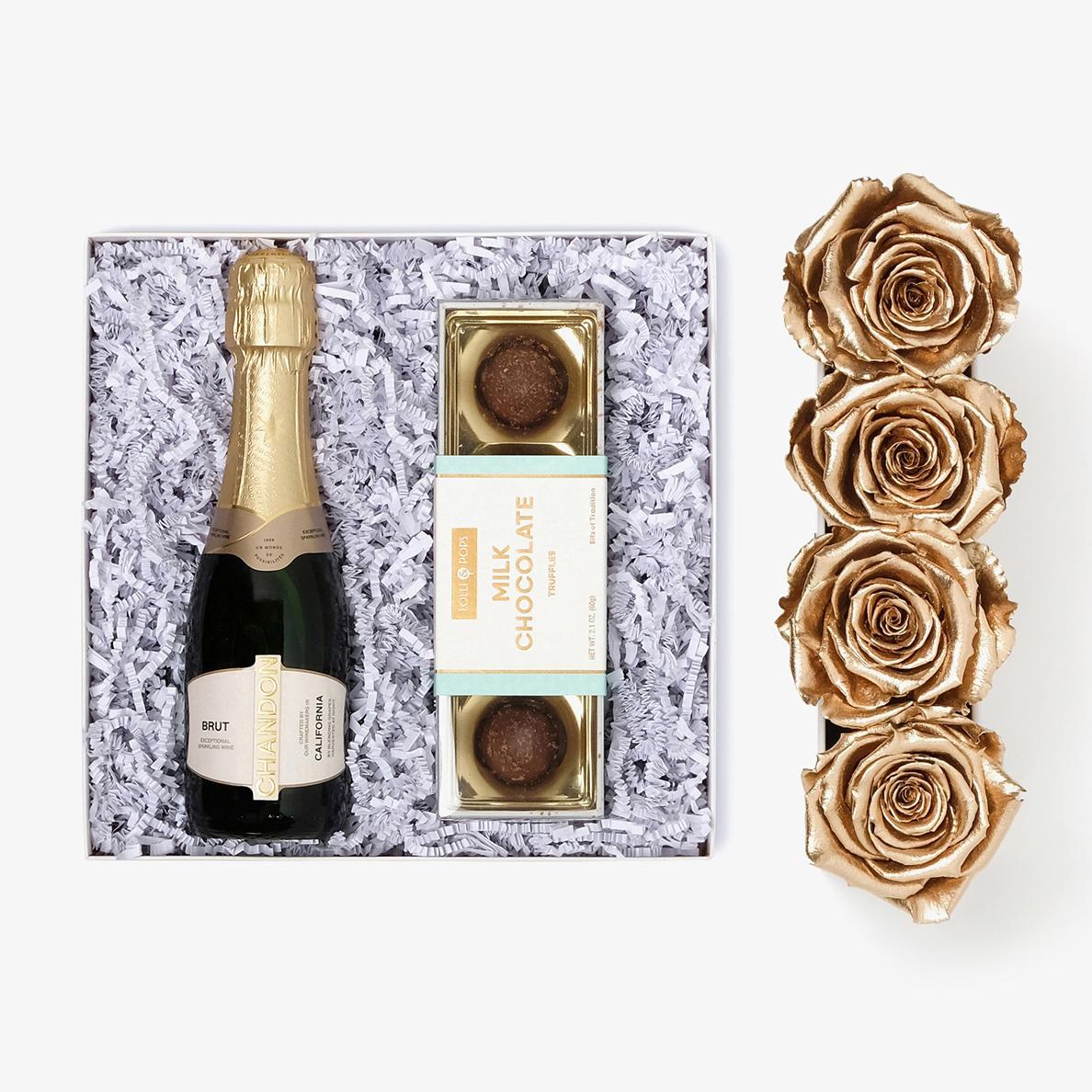 Champagne Bundle (Small Rose Box) - Gold Rose - Black Box