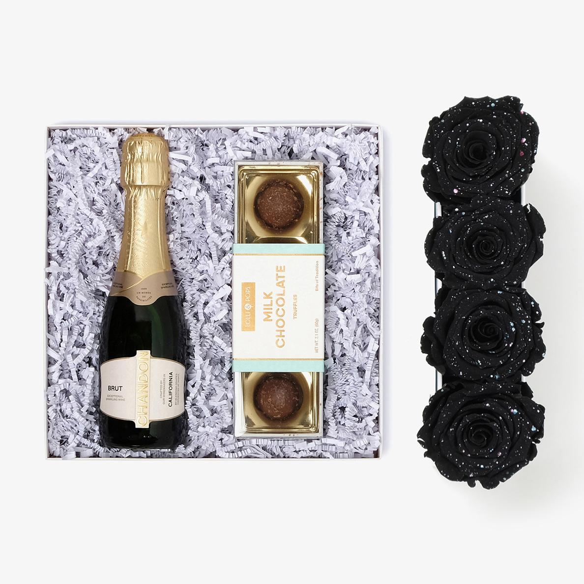 Champagne & Truffles - Small Rose Box - Black Galaxy Rose - White Box