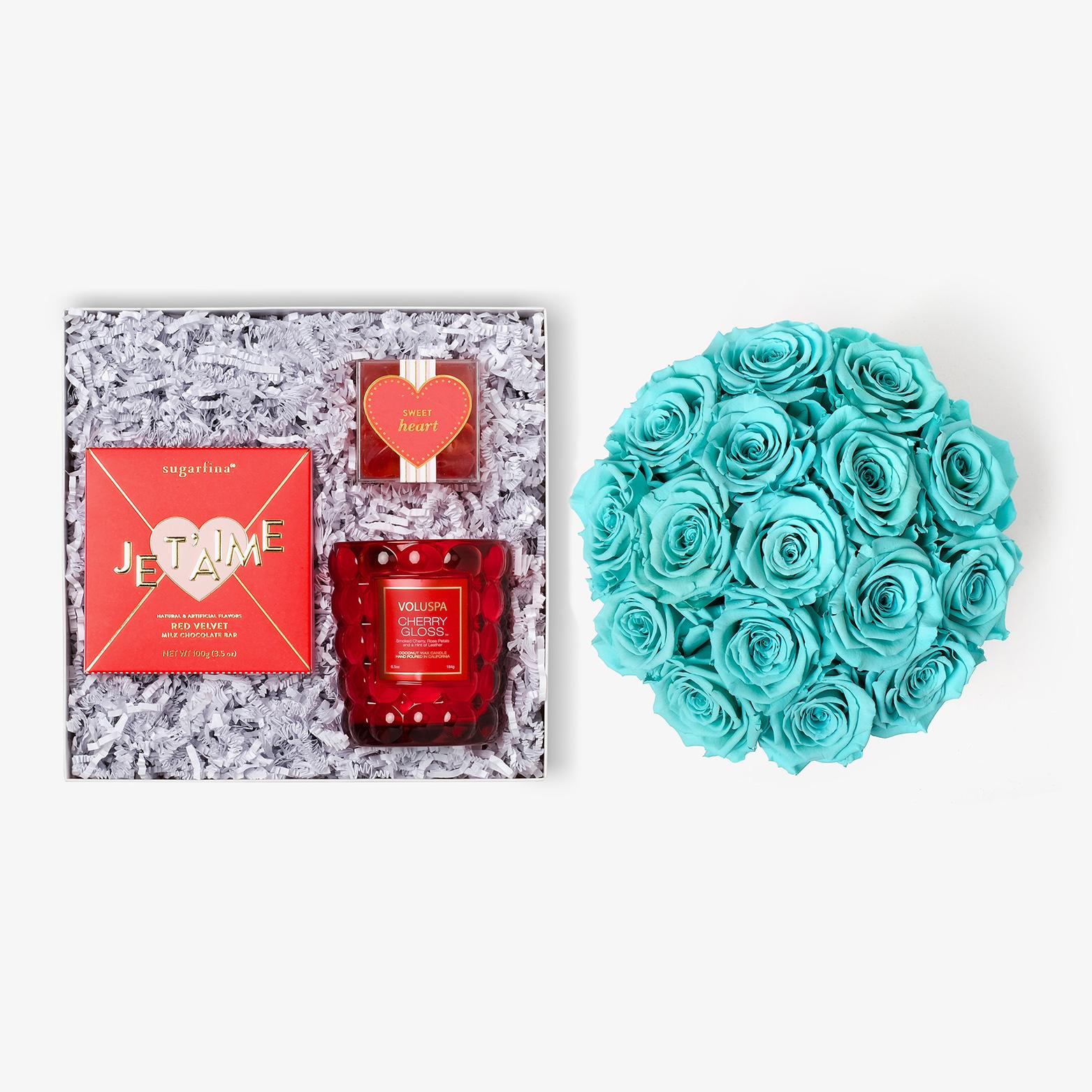 Candle & Treats - Large Bloom Box - Turquoise Rose - Black Box