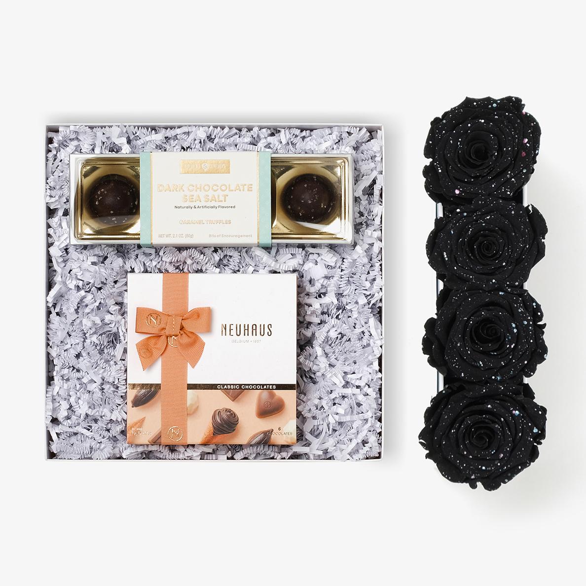 Chocolate Duo Luxe - Small Rose Box - Black Galaxy Rose - Black Box