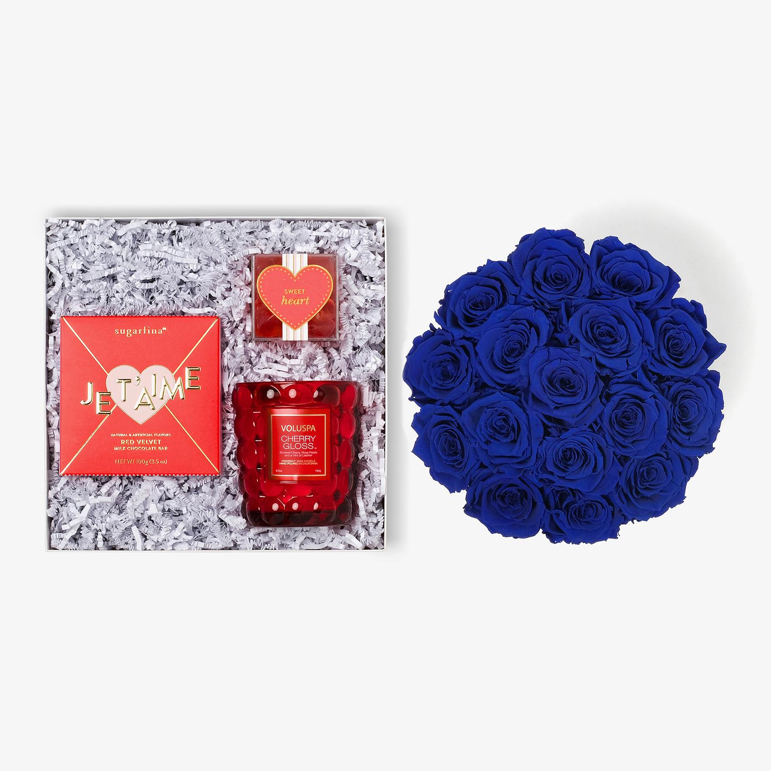 Candle & Treats - Large Bloom Box - Royal Blue Rose - Black Box