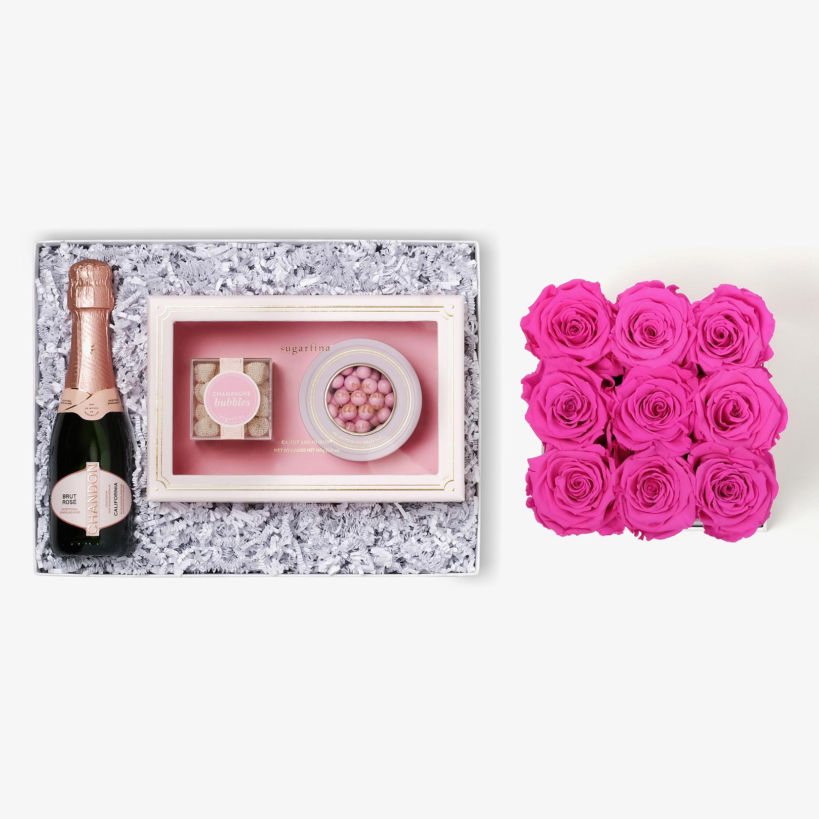 Rosé & Caviar - Medium Square Box - Hot Pink Rose - White Box