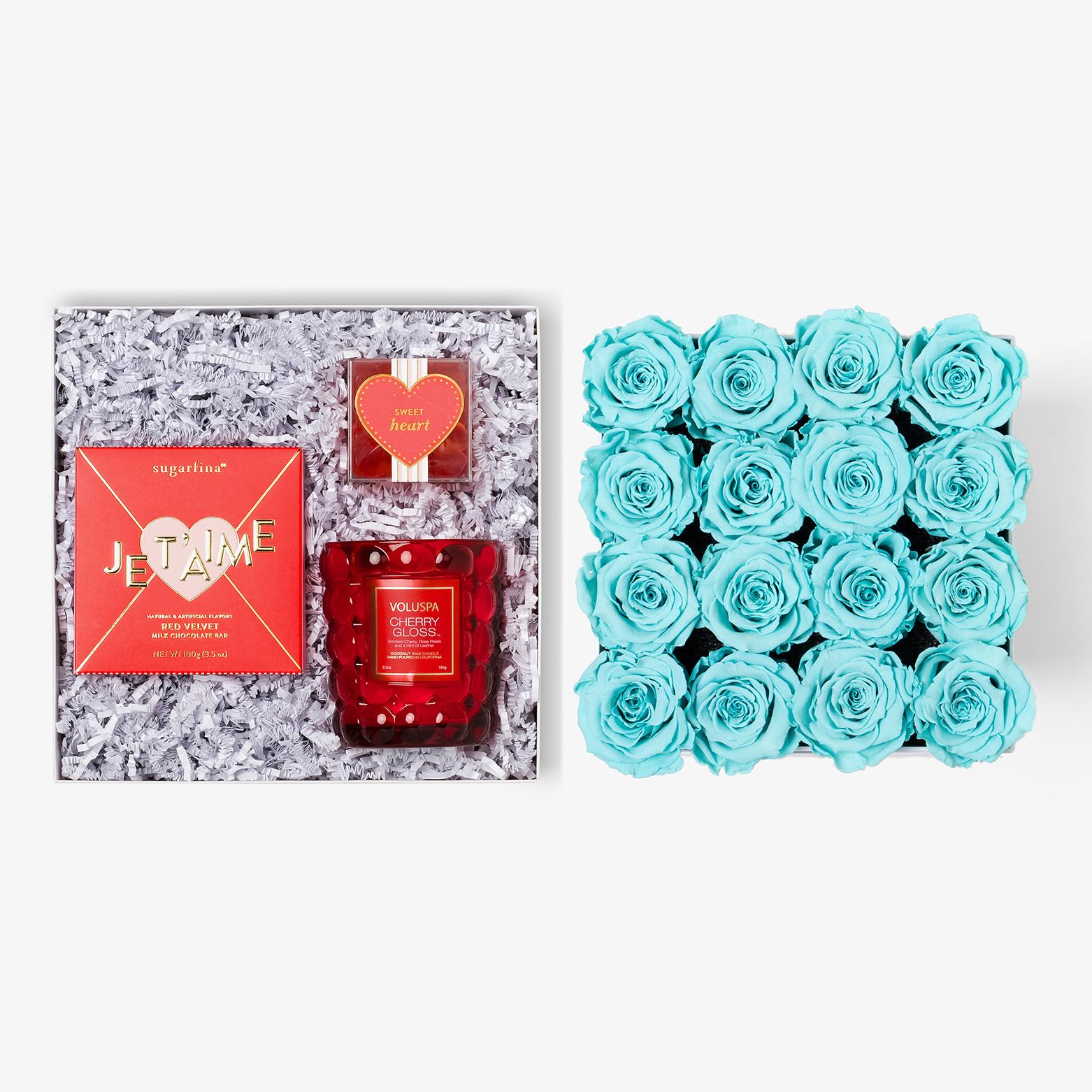 Candle & Treats - Large Square Box - Turquoise Rose - White Box