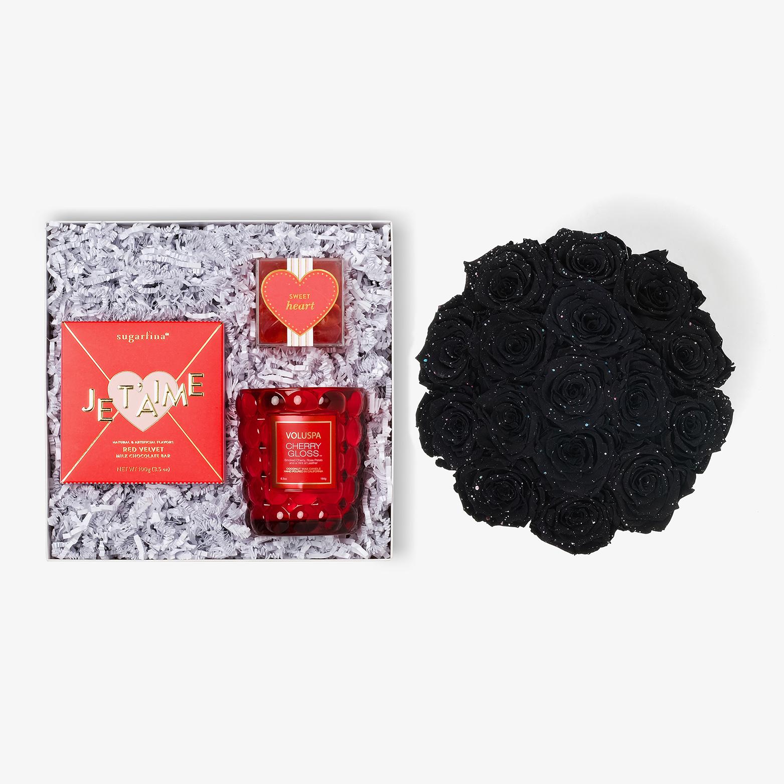 Candle & Treats - Large Bloom Box - Black Galaxy Rose - Black Box