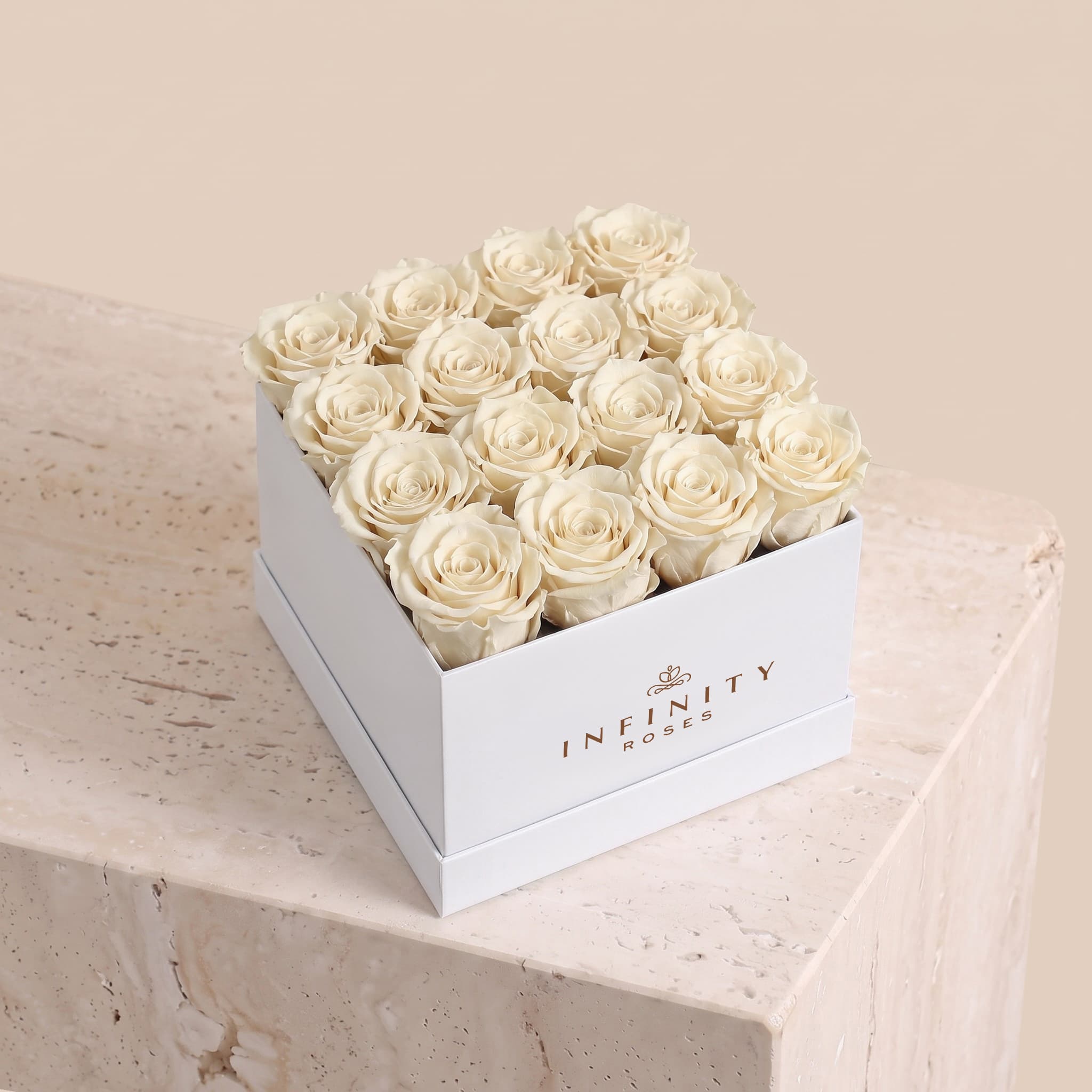 Large Square Rose Box - Ivory Rose - White Box