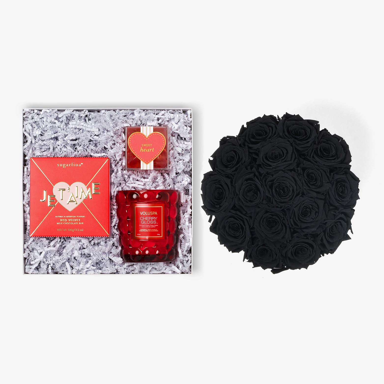 Candle & Treats - Large Bloom Box - Black Rose - White Box