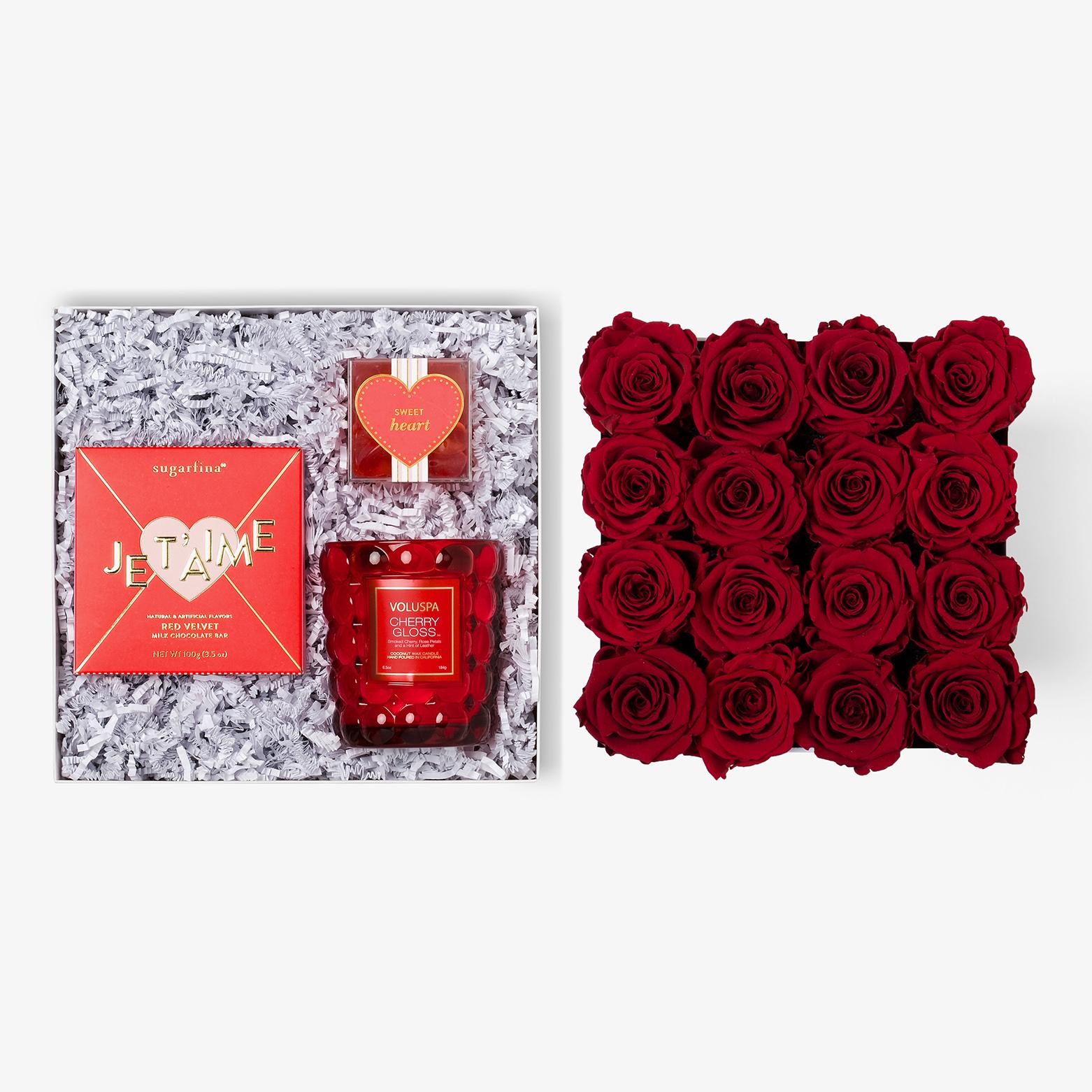 Candle & Treats - Large Square Box - Red Rose - White Box