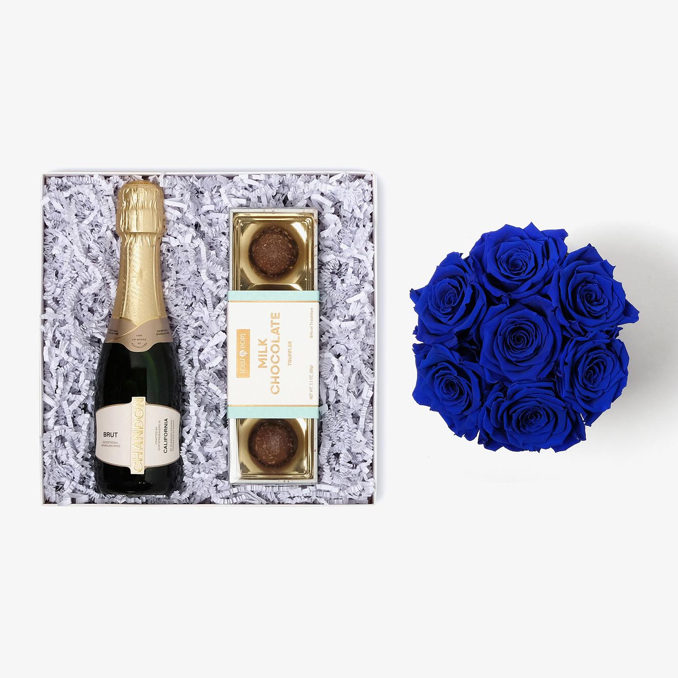 Champagne & Truffles - Medium Bloom Box - Royal Blue Rose - White Box